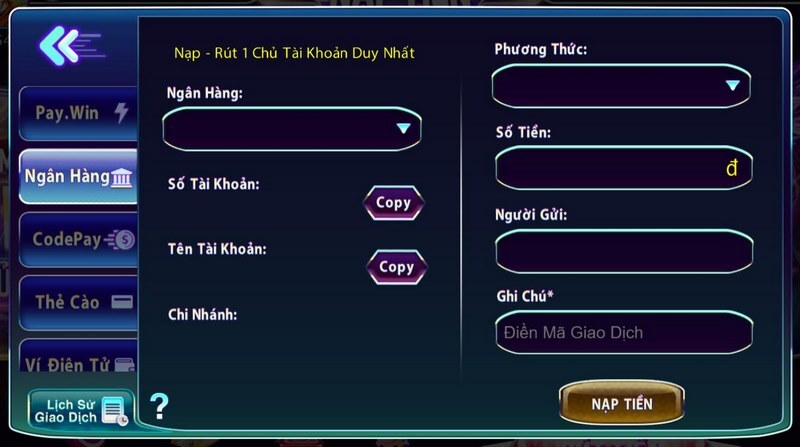 Cổng game yêu cầu nạp rút chỉ một chủ tài khoản duy nhất 